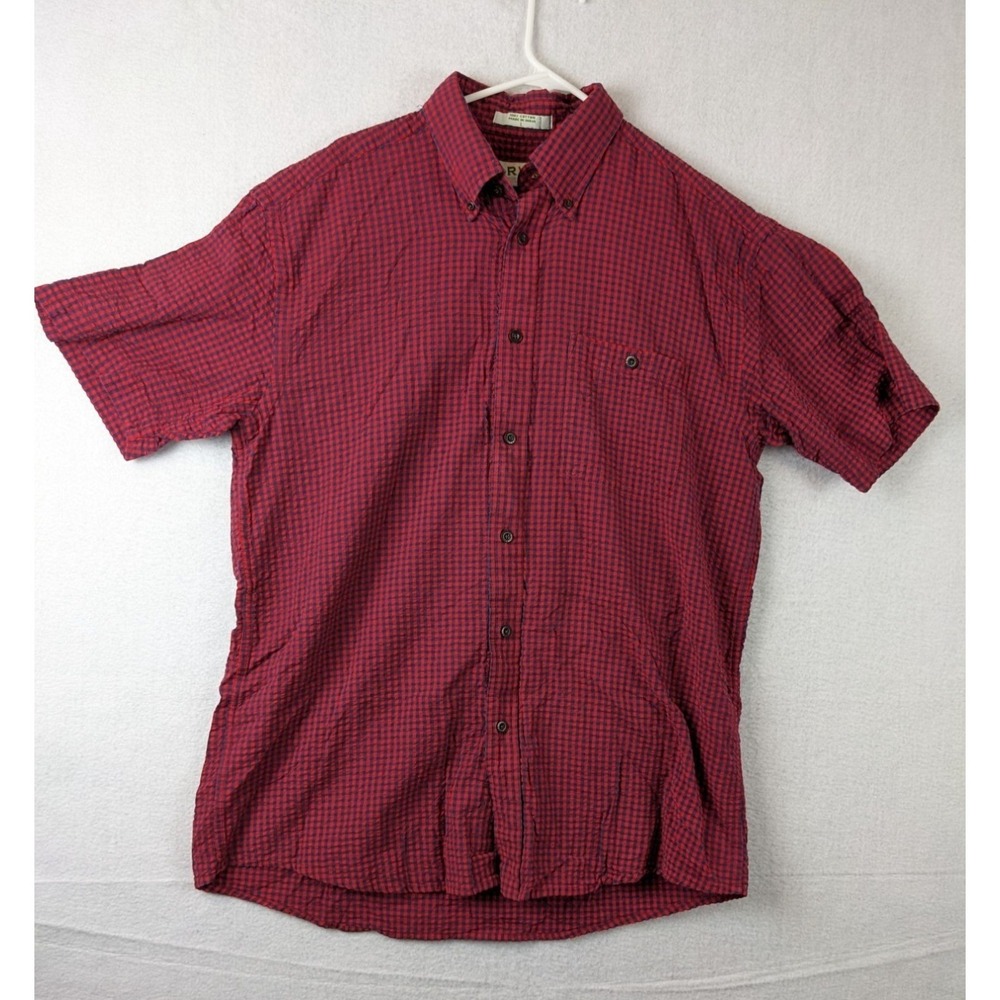 Orvis Mens Shirt Size L Red Blue Plaid Short Sleeve 100% Cotton